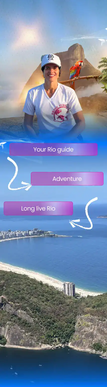 Andréa, tour guide, with Pedra da Gávea and the Rio de Janeiro coastline behind her