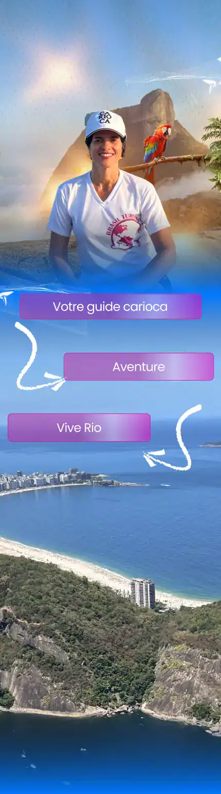 Andréa, guide touristique, devant la Pedra da Gávea et le littoral de Rio de Janeiro